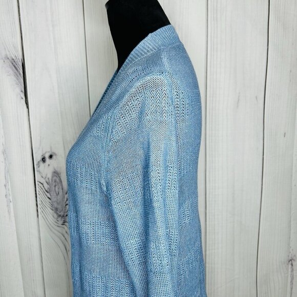 Talbots Womens Sz M Blue 100% Linen Open Front Duster Cardigan Sweater - Picture 9 of 13